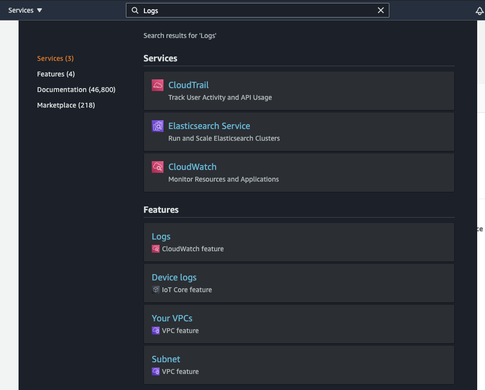 AWS Search for "Logs"
